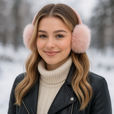 Winter Ear Muffs – Soft & Warm for Cold NZ Days worn by a smiling woman in a snowy landscape.